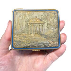 Vintage Tapestry Pill Box Garden Petit Point Metal Case Compact Mirror Patina 3"